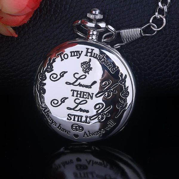 

pocket watches love themed quartz watch gives husband gifts birthday anniversary roman numeral dial simple fashion with chain pendant, Slivery;golden