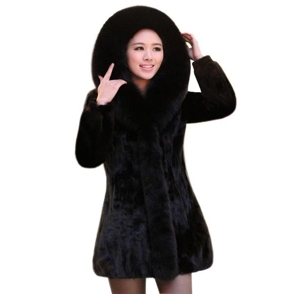 

women's fur & faux luxury lady genuine nature mink coat jacket hoody winter women outerwear coats trench overcoat 3xl 4xl, Black