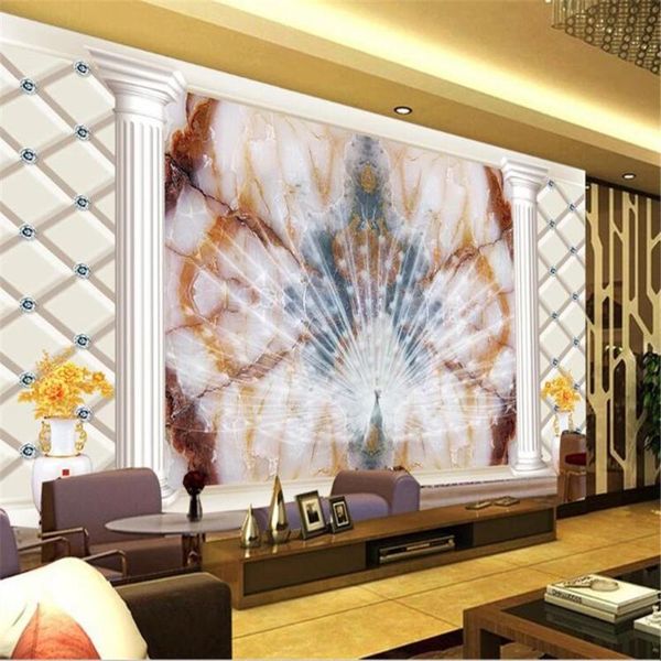 

wallpapers milofi custom 3d large wallpaper mural high-end soft package marble peacock open screen tv background wall