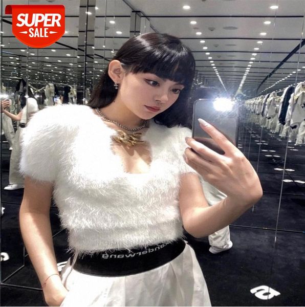 

slim chain aw king's black short mohair women's outer wear pullover short-sleeved sweater #yo80