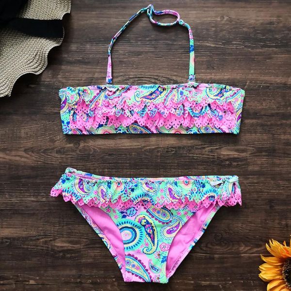 

one-piece suits 7-14 years girl swimsuit kids swimwear hollow out two piece teenager bikini set print big bathing suit child beachwear