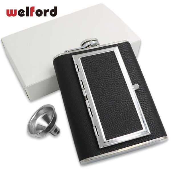 

hip flasks stainless steel flask with cigarette case creative multi-function smok set wine funnel pu surface slip easy to carry