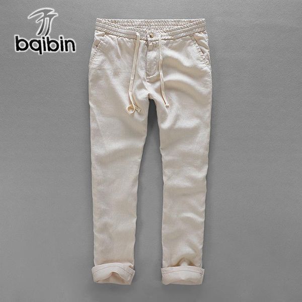 

elastic waist casual pants men brand linen trousers long spring mens loose solid plus size 40 pantalon men's, Black