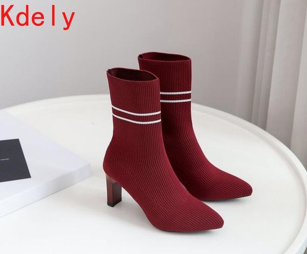 

boots women sock knitting stretch thin heels for woman pointed toe fashion shoes spring autumn footwear female op0i, Black