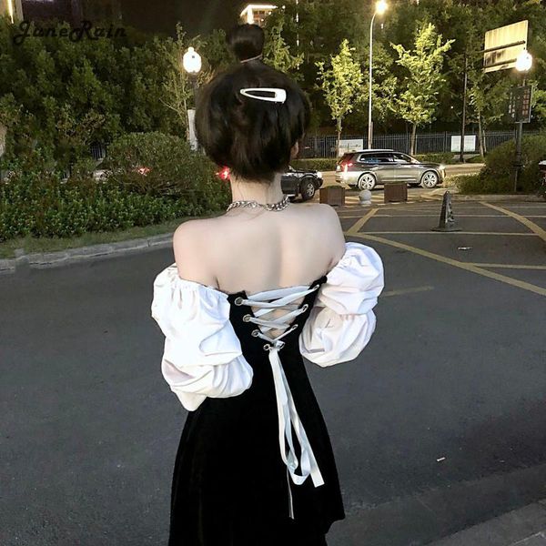 

junerain off shoulder elegant dress women patchwork party mini female high street korean backless plus size casual dresses, Black;gray