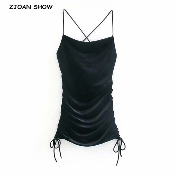 

women velvet spaghetti strap dress lacing up hem slim pleated ruched side drawstring vintage velour party dresses black 210429, Black;gray