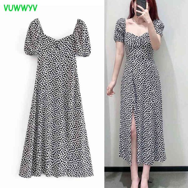 

woman dress black geometric print midi dresses women summer short puff sleeve party ladies vintage back elastic 210430, Black;gray
