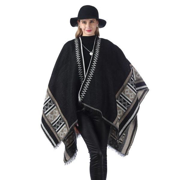 

scarves autumn and winter street fashion cloak women's plain weave geometric plaid printed fringe trim imitation cashmere warm shawl, Blue;gray
