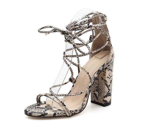 

design prints snakeskin grain ankle strap sandals women square heel party lace-up summer sandal shoes, Black