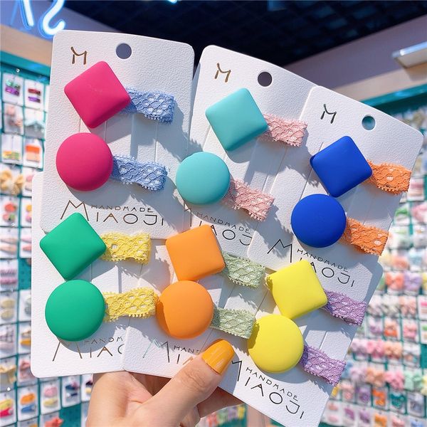 

2 pcs new sweet girl fashion lace barrettes fashion children's beautiful cute colorful geometric square round hairpins headdress, Slivery;white
