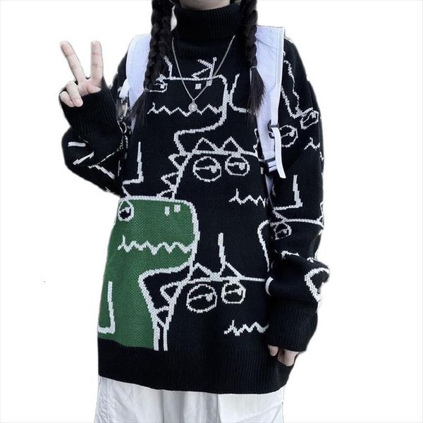 

spring y2k cute cartoon women sweater plus size clothes korean fashion turtleneck thick knitted female streetwear, White;black