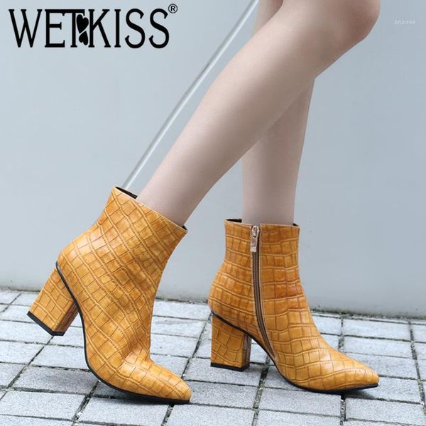 

boots wetkiss emboss pu women high heels ankle booties female zip shoes ladies pointed toe winter 2021 plus size 451, Black
