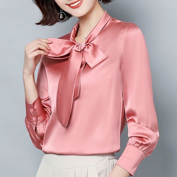 

blusas mujer de moda long sleeve blouse women bow collar office women pink chiffon blouse womens and blouses c461 210602, White