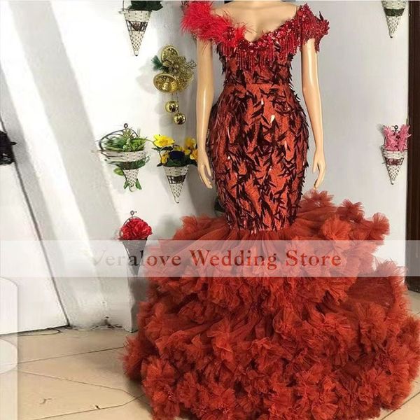 

red mermaid prom dress beads crystal evening dresses formal for girl ruffles tulle vestidos de fiesta, Black