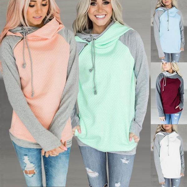 Kadın Hoodies Tişörtü 2021 Sonbahar Çift Kapa Ekleme Kadın Hoodie Kazak Ekose Ceket Seksi Gevşek Kazak Uzun Kollu Fermuar Up J