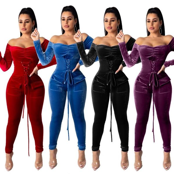 

women's jumpsuits & rompers solid color patchwork criss-cross drawstring long sleeves off the shoulder autumn women jumpsuit velour, Black;white