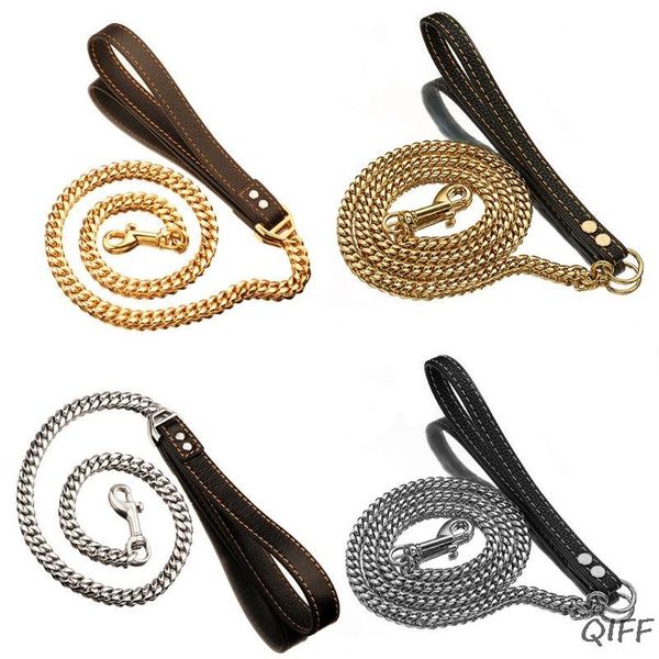 

dog collars & leashes golden silver stainless steel chain with black leather leash cool training pet supplies