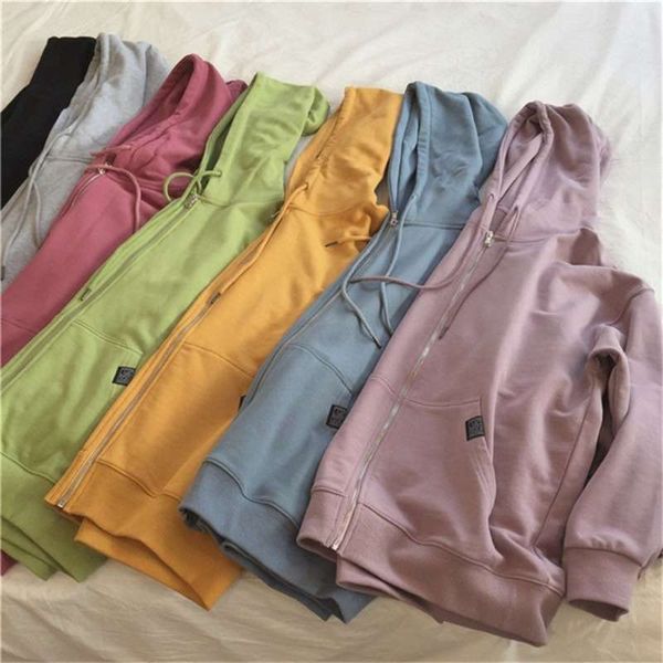 

harajuku with hat hoodies women zipper kangaroo pocket casual loose solid color sweatshirt female fashion female 210927, Black