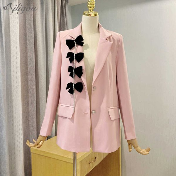 Fashion Designer Blazer Jaqueta Senhoras Prata Buckle Bow Alta Qualidade V-Neck Sexy Rosa Branco 210527