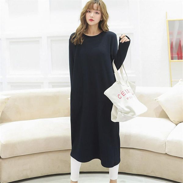 

autumn winter womens fashion o-neck long dress female solid full sleeves warm straight plus size vestidos -8xl black red casual dresses, Black;gray