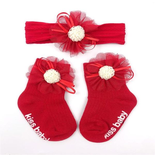

socks 2pcs baby girl lace flower headband set cotton born anti slip floor elastic hair band for, Pink;yellow