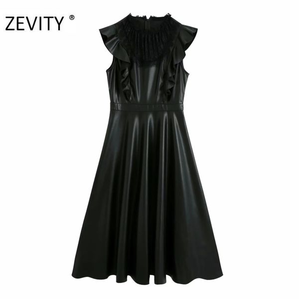 

zevity women lace patchwork casual pu leather a line dress female sleeveless ruffles vestido chic back zipper dresses ds4437 210419, Black;gray