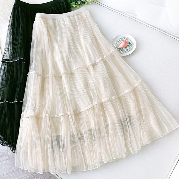 

skirts sishion 2021 spring high waist black pink mesh skirt sp1340 y2k elegant casual a-line midi pleated