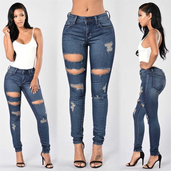 

women's jeans 2021 summer wear large fashion hole pants, Blue