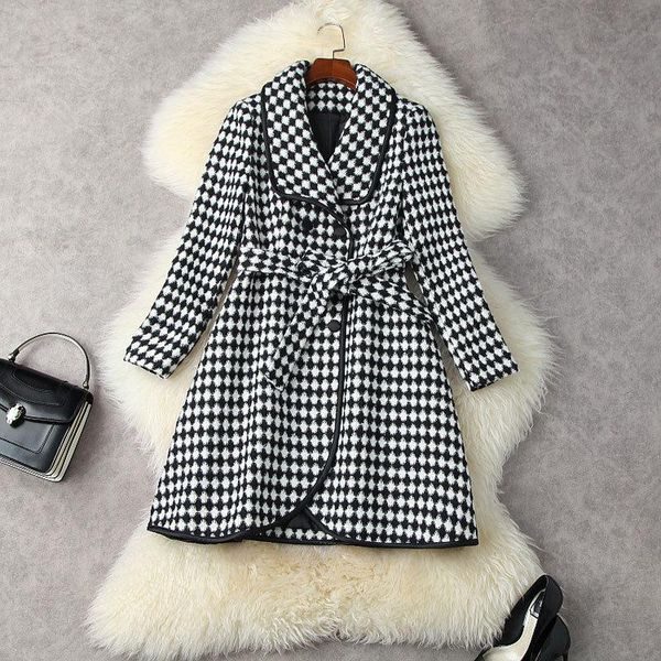 

women's wool & blends black white houndstooch tweed jacketa coats womens 2021 designer runway fashion double breasted sashes winter jac