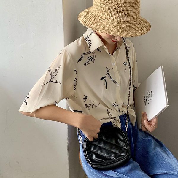 

casual fashion women's korean version of the loose wild leaves printed short-sleeved single breasted chiffon blouse blouses & shirts, White