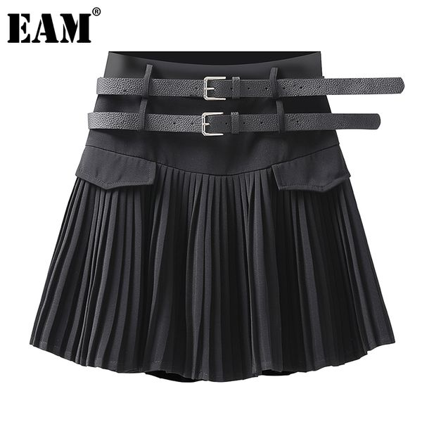 

[eam] high elastic waist black pleated belt casual solid half-body skirt women fashion spring summer 1dd7453 210512