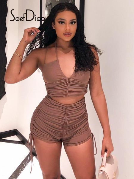 

women's tracksuits soefdioo solid ruched crop and draw string shorts 2 piece sets women fashion streetwear summer 2021 party clubwe, Gray