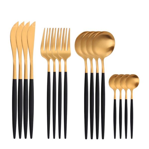 

flatware sets black gold stainless cutlery set dinner fork knife table spoon tableware zero waste eco friendly matte dinnerware