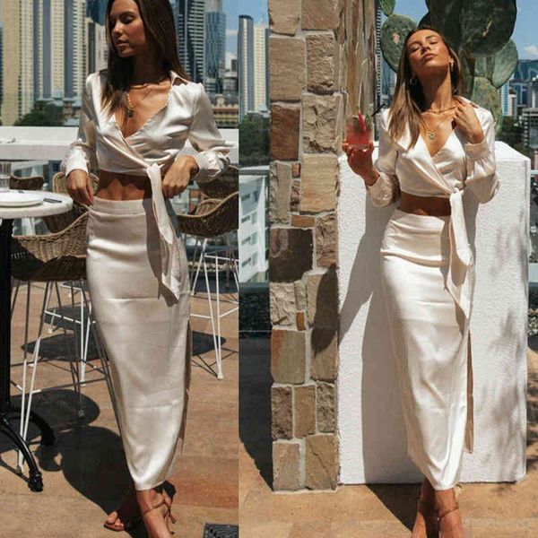 

new arrivals women long sleeve crop and bottom two piece dress solid irregular fashion party club wear outfits 210413, White