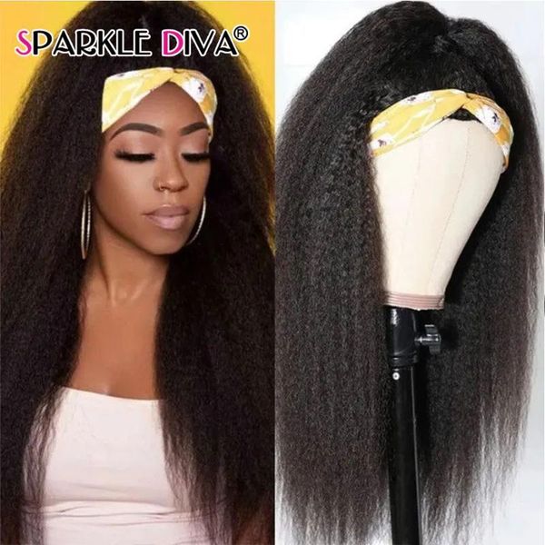 

kinky straight head band wig human hair scarf brazilian wigs 150% density remy with headband for black women1, Black;brown
