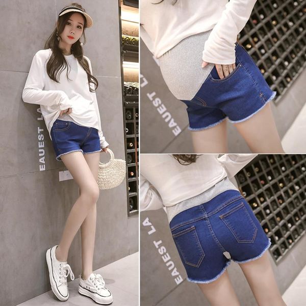 

maternity bottoms summer pregnant women burrs pants wide-legged abdomen shorts high waist denim trousers short jeans black blue, White
