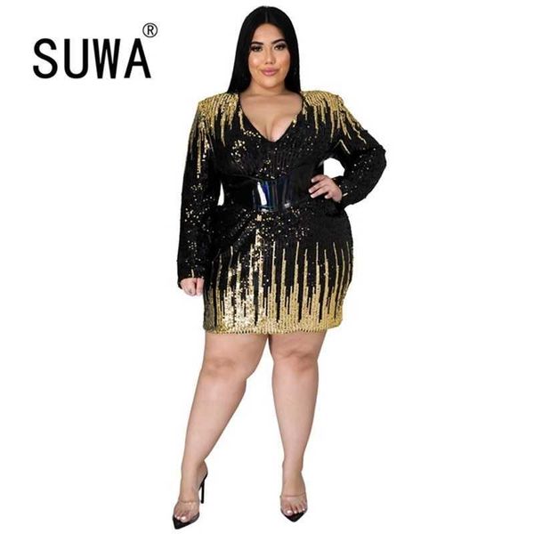 Lantejoulas emendado Plus Size Mini Dress Mulheres Profunda V Pescoço Manga Longa Slim Fit Office Vestidos Elegant Alta Cintura BANDAGE Vestido 210525