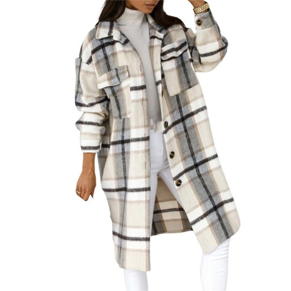 

women's wool & blends imcute classic check lapel button long sleeve woolen coat mid-length pocket winter high street fashion, Black
