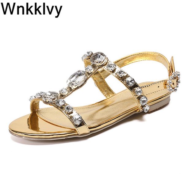

70% off wholesale flip-flops summer rhinestone strap sandals women leisure shoes flat open toe gold silver casual sapatos comfortable bohemi, Black