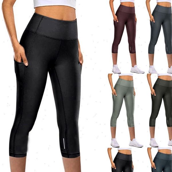 

20 sport fitness elastic womens legging high waist quick drying athletic pants reflective seven point cropped trouser, Black