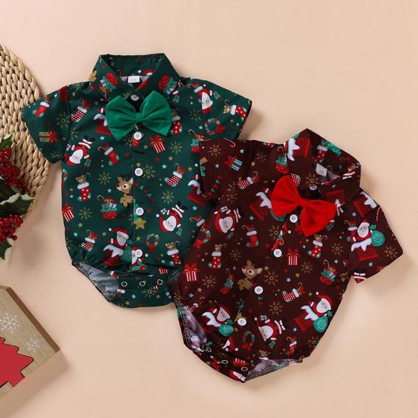 

kids baby boys short sleeve bow tie print santa outwear bodysuits toddler christmas jumpsuits overalls 0-24m, Blue