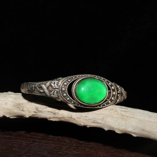 

china old tibetan silver cloisonne inlaid with greenstone jade bracelet, Brown