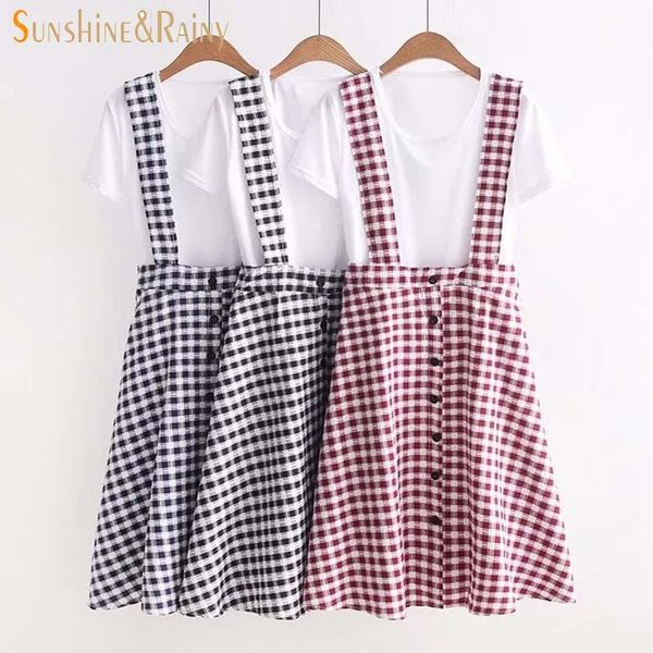

skirts female japanese women's college style all-match simple lattice strap skirt two piece t-shirt + straps wear summer, Black