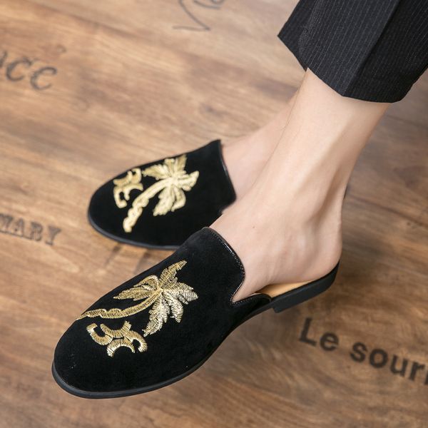 

italian casual shoes embroidered men half loafers outdoor mules slippers for man fashion summer heelless shoes, Black