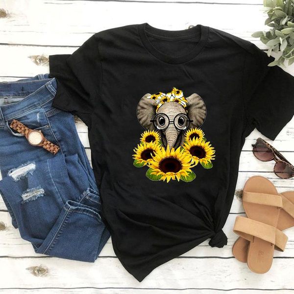 

elephant sunflower pattern printing oversized t shirt for women harjuku punk style vogue woman tshirts women's t-shirt, White