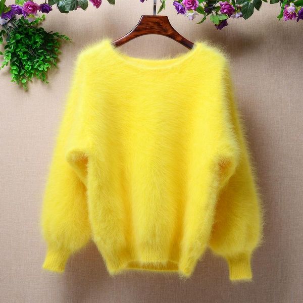 

elegant fashion fluffy short women winter 100% long mink cashmere angora fur warm lantern batwing sleeves pullover sweater women's swea, White;black