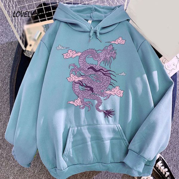 

women's hoodies & sweatshirts spring dragon fleece print drawstring pocket female korean cute hip hop ladies pullover jbs0, Black
