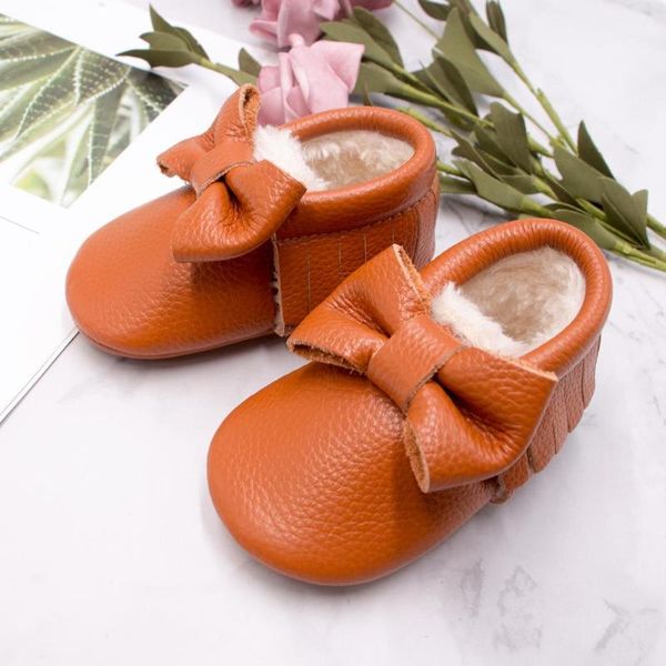 

first walkers baby winter shoes genuine leather leopard toddler warm moccasins handmade bow thicken fur prewalker hard sole shoe