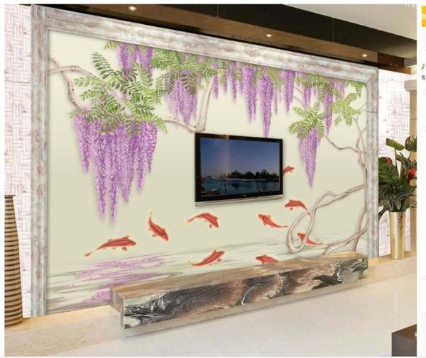 

wallpapers 3d wall murals wallpaper hand-painted fish wisteria living room home decoration modern