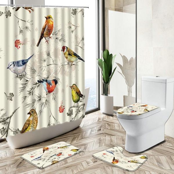 

shower curtains floral bird curtain flowers animal hand painted art bathroom set chinese non-slip carpet toilet cover floor mat washable